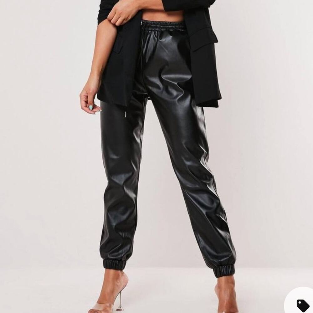 Missguided tall black faux leather joggers PU drawstring 90s Y2K size 6